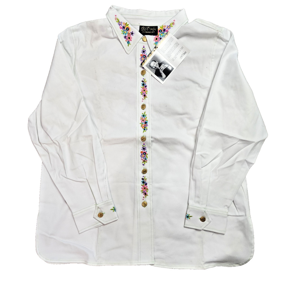 Bob Mackie Embroidered Top/Coat Women XL Maypole Flowers White Gold Buttons